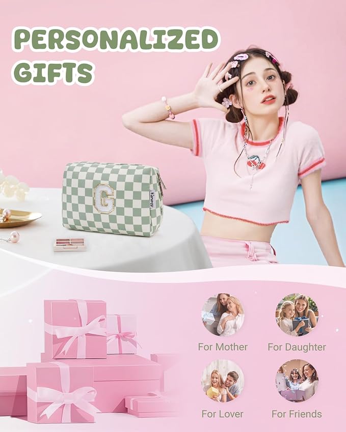 Narwey Birthday Gifts for Teen Girls Kids Women Personalized Initial Checkered Makeup Bag Preppy Cosmetic Bag Trendy Stuff 6 8 10 11 12 13 14 16 18 Years Old Travel Toiletry Bag (Green Letter G)
