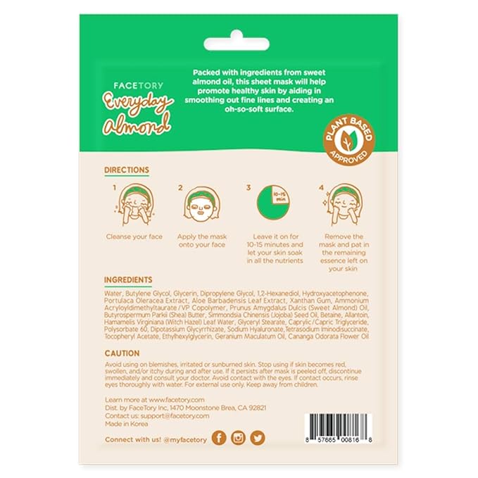 FACETORY K Beauty Face Mask Skin Care - Everyday ALMOND Skin Strengthening Sheet Mask | Plant-Based with Sweet Almond Oil (5 Pack)