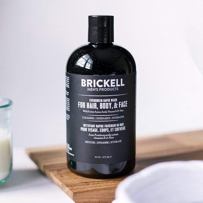 Brickell Men's Rapid Wash, Natural and Organic 3 in 1 Body Wash Gel for Men, 16 Ounce, Evergreen Scent