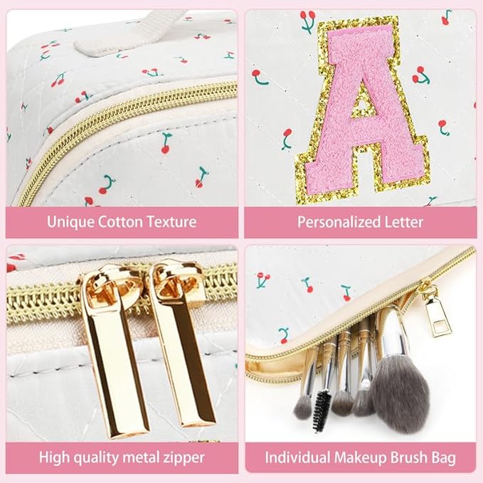 Personalized Travel Makeup Bag Set,Initial Travel Cute Cherry Makeup Organizer Bag,Toiletry Skincare Cosmetic Bag,Christmas Gifts for Women/Girls,Open Flat Toiletry Pouch with Brush Pocket-R