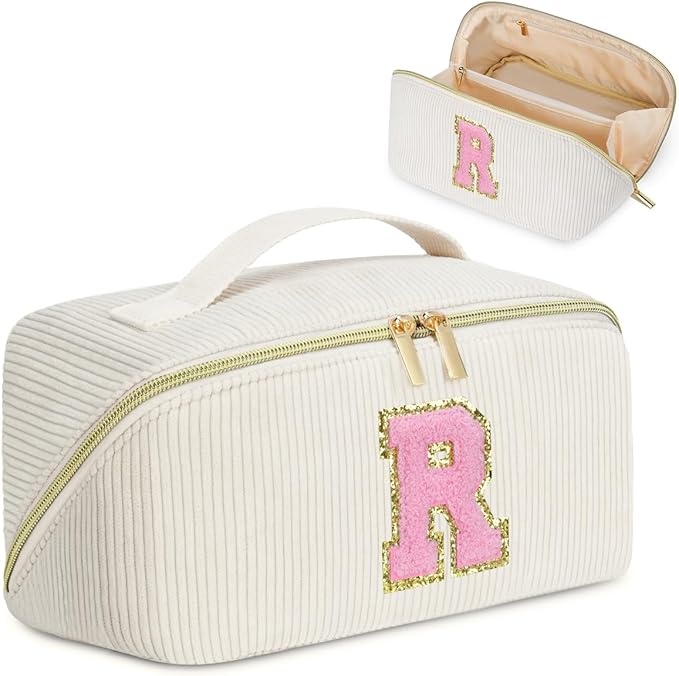 Personalized Initial Makeup Bag,Christmas Gifts for Girl,Preppy Bag Cosmetic Travel Bag Women,Travel Toiletry Organizer,Large Capacity Corduroy Stuff Bag,Cute Cosmetic Pouch Skincare Bag-R