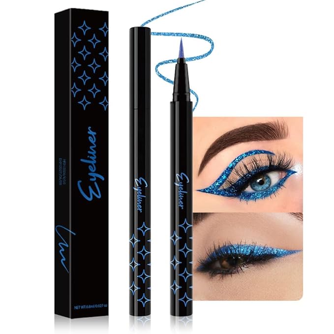 evpct 1Pcs Royal Blue Glitter Liquid Eyeliner Makeup, Light Blue Metallic Shimmer Eyeliner Liquid Eye Liner Eyeshadow Pencil Face Gems Glitter Facepaint Makeup, Blue Eyelashes Mascara hair Accessories