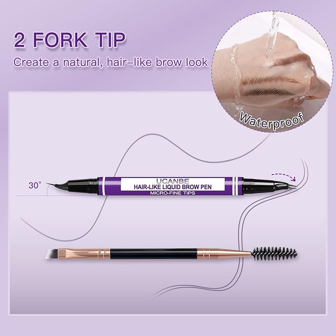 UCANBE Curved Eyebrow Pencils for Women with Spoolie Brush,Dual-Ended Eyebrow Pen with 2-Fork-Tip&Precise Brush-Tip,Microblading Brow Pen for Hair-Like Brows,Waterfool, Long Lasting,Soft Brown