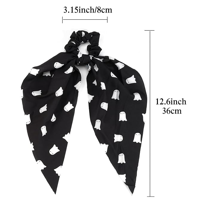 Halloween Hair Ties for Women Girls Soft Fall Ghosts Hair Scrunchies Spooky Black White Hair Tie Ribbon Hair Bows Ponytail Holder Hair Accessories