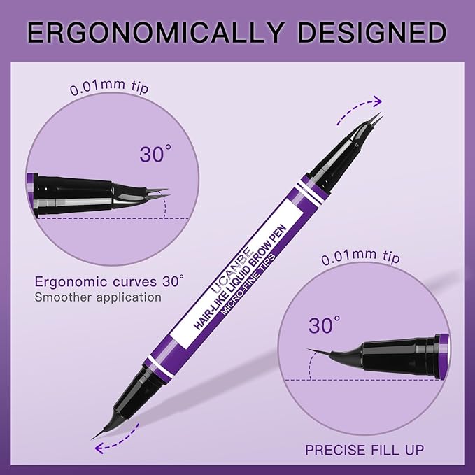 UCANBE Curved Eyebrow Pencils for Women with Spoolie Brush,Dual-Ended Eyebrow Pen with 2-Fork-Tip&Precise Brush-Tip,Microblading Brow Pen for Hair-Like Brows,Waterfool, Long Lasting,Light Brown