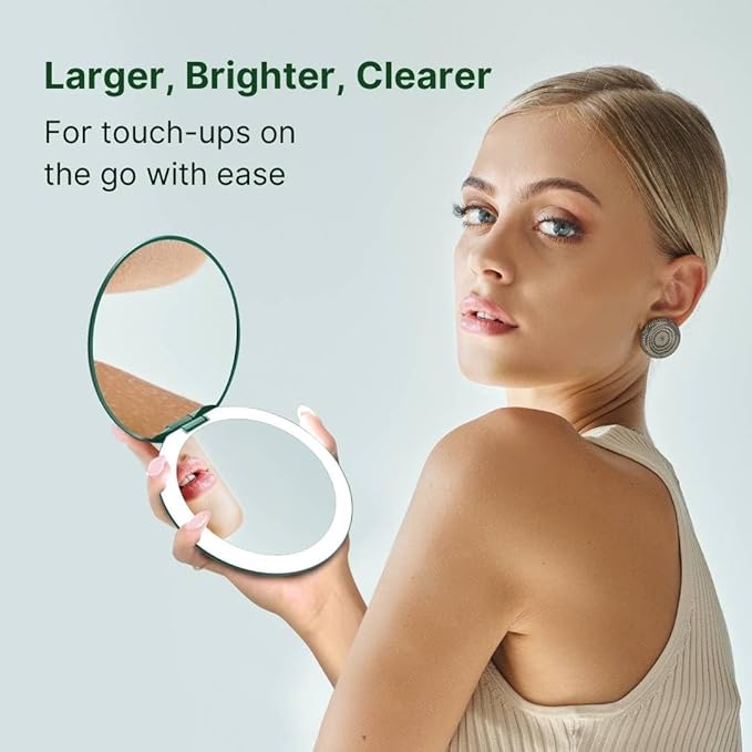 Fancii Taylor Rechargeable Travel Makeup Mirror with LED Lights, 10x /1x Magnifying, 3 Light Settings, Large 5” Wide | Compact Mirror for Purses (Emerald Envy)