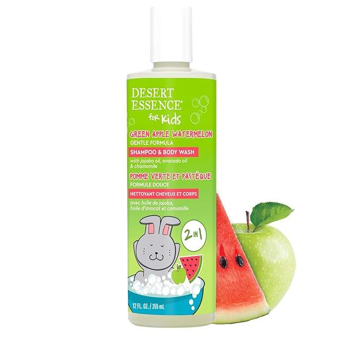 Desert Essence Kids 2-in-1 Shampoo & Body Wash 12.0 fl oz - Vegan, Gluten-Free. Cruelty-Free - Leaves Hair & Skin Nourished - Gentle Formula (Green Apple)