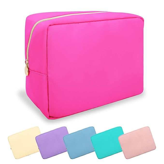 Large Makeup Bag Pouch,Nylon Women Travel Toiletry Storage Bag Preppy Cosmetic Bag for Girls,Big Makeup Organizer Bag Cute Zipper Pouch Skincare Bag for Sport Work Gift(Large-Bubblegum)