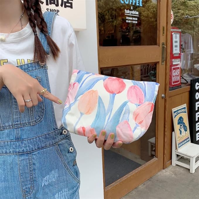 Floral Makeup Bag Large Cotton Zipper Pouch for Purse Travel Canvas Make Up Organizer for Women Cosmetic,Tulip Pink