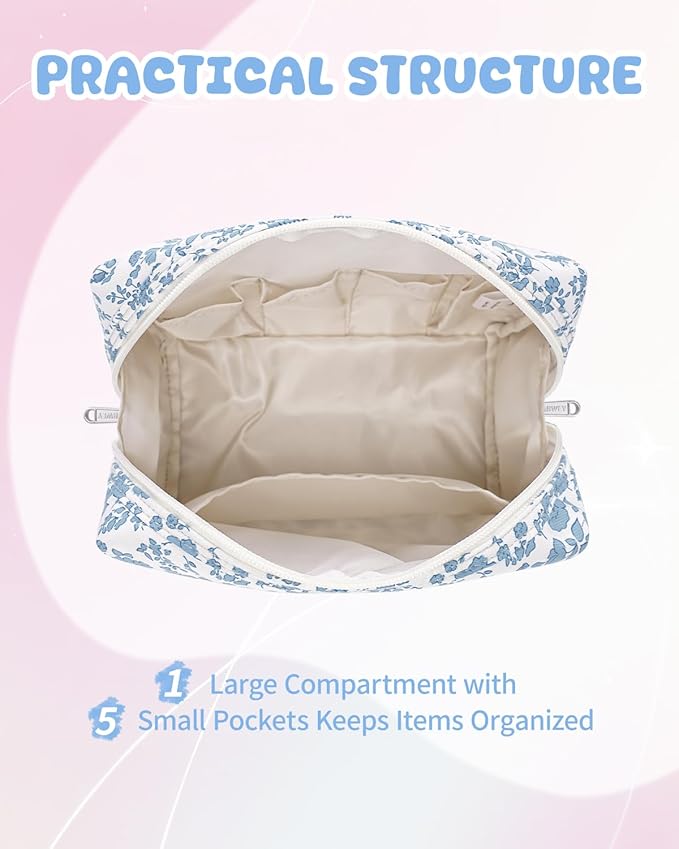Narwey Birthday Gifts for Teen Girls Kids Women Personalized Initial Floral Makeup Bag Cute Cosmetic Trendy Stuff 6 8 10 11 12 13 14 16 18 Years Old Travel Toiletry Bag (Little Blue Flower N)