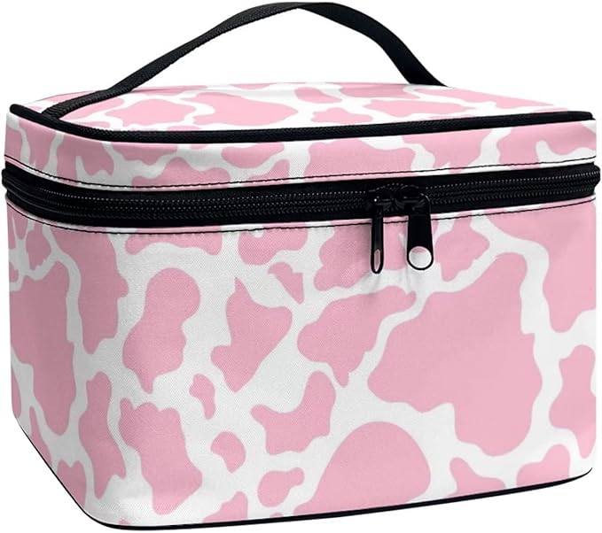 JoyLamoria Pink Cow Print Cosmetic Bag Portable Makeup Case Tote Pouch Accessories