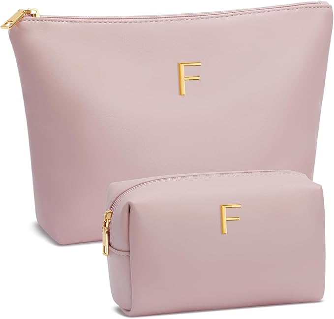 Women Gifts | Initial Makeup Bag Set for Girl Personalized Gifts for Bridesmaid Friend Graduation Teachers PU Leather Cosmetic Travel Toiletry Bag(Pink,F)