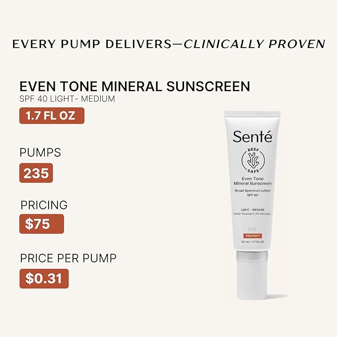 Senté Even Tone Mineral Sunscreen Tinted | SPF 40 Light-Medium | Hydrating, Lightweight Sun Protection Treatment for Redness & Discoloration | UVA/UVB & Blue Light Defense | 1.7 oz