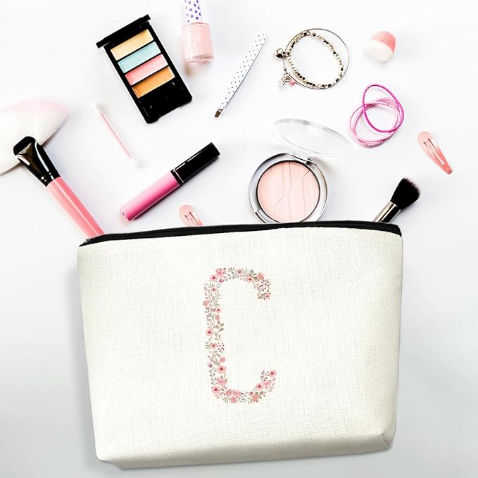 Initial Makeup Bag Floral C Personalized Cosmetic Bag Monogrammed Gifts for Women Girls Bride Sisters Monogram Zipper Pouch for Teacher Appreciation Mothers Day Birthday Wedding Bridal Shower Gifts