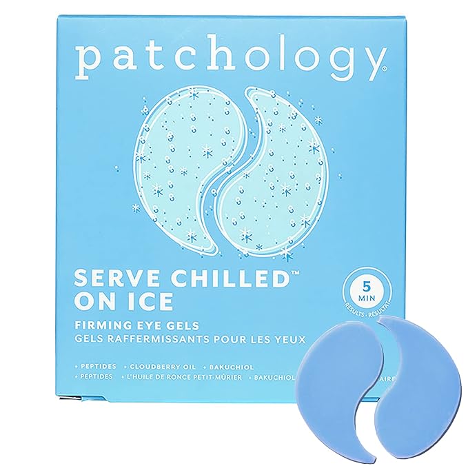 Patchology Iced Cooling Under Eye Mask Patches with Peptides, Cloudberry Oil and Bakuchiol. Cool eye gels to firm skin and soothe, reduce fine lines and under eye bags 5 Pair