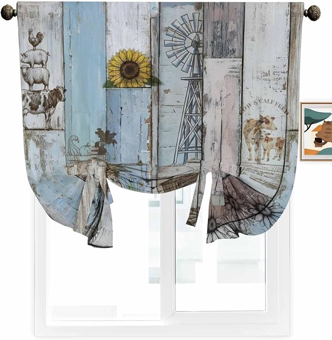 Tie Up Curtains for Windows, Farmhouse Barn Sunflowers Retro Room Darkening - Image 2
