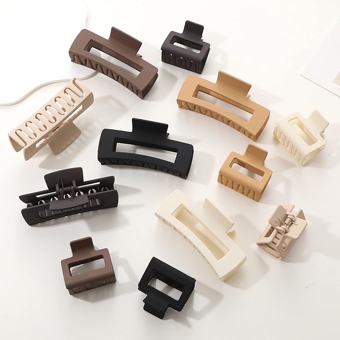 12 Pack Square Claw Clips, Big and Small Neutral Rectangle Hair Claw Clips, Non-slip Matte Large Hair Clips for Women,Strong Hold jaw clip for Thick Thin Hair (Neutral)