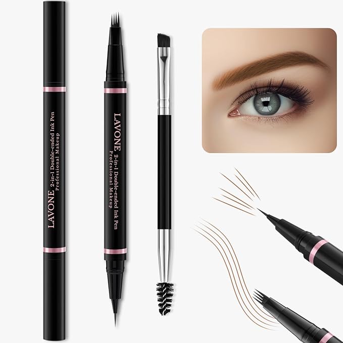 Eyebrow Pencil Makeup Kit, with Waterproof 2-IN-1 Microblading Eyebrow Pen, Eyebrow Pomade, Eyeliner and Dual-ended Eyebrow Brush, Brow Pencil Kit for Natural Eyebrows - Soft Brown