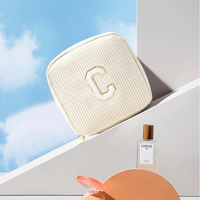 LETGO Birthday Gifts for Women Small Personalized Initial Monogram Makeup Bag,Preppy Corduroy Makeup Bags Travel Toiletry Bag Cute Pouch Purse for Her Mom Girlfriend Wife Sister Teacher Bridesmaid