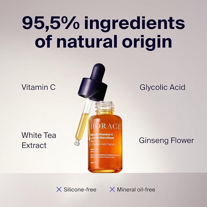 HORACE Vitamin C + Glycolic Acid Face Serum for Men – Brightening Facial Treatment for Dull Skin, Radiance Boost, and Even Complexion – Skincare for All Skin Types – Unscented, 30ml