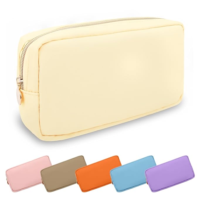 Small Makeup Bag Pouch for Purse, Nylon Travel Toiletry Storage Bag Cute Preppy Cosmetic Bag for Women Girls, Waterproof Makeup Organizer Bag Pouch Skincare Bag Purse with Zipper (Small-Sand)