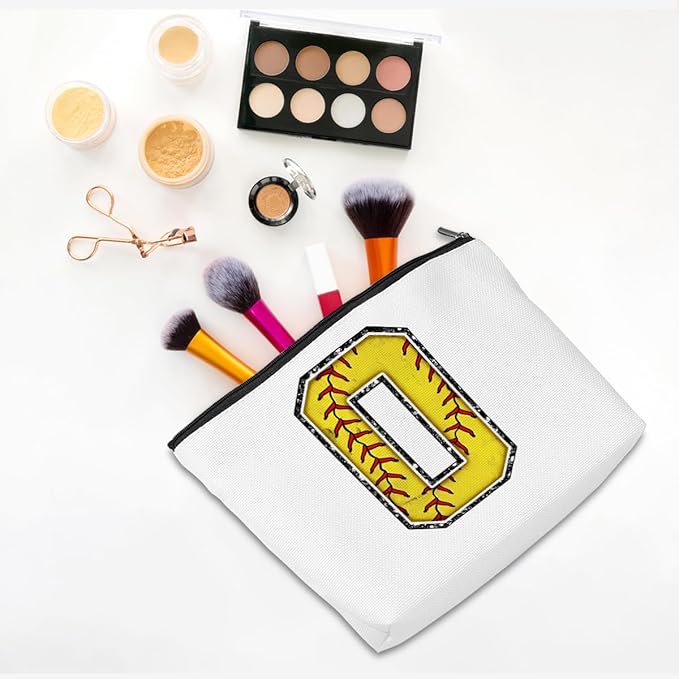Softball Gifts Initial Makeup Bag Monogrammed Cosmetic Bag Letter O Zipper Pouch Softball Accessories for Girls Women Player Coach Friend Stuff Graduation Birthday Gifts ﻿