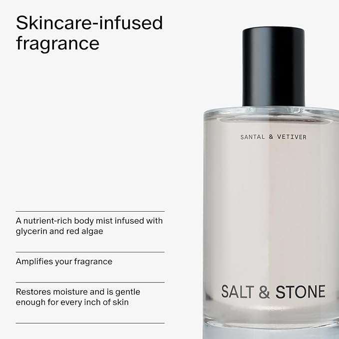 Salt & Stone Body Mist, Santal & Vetiver Scent, Skincare Infused Perfume Hair & Body Spray for Women and Men, Hydrating Fragrance with Glycerin and Red Algae, Vegan, Cruelty Free, 3.4 fl oz