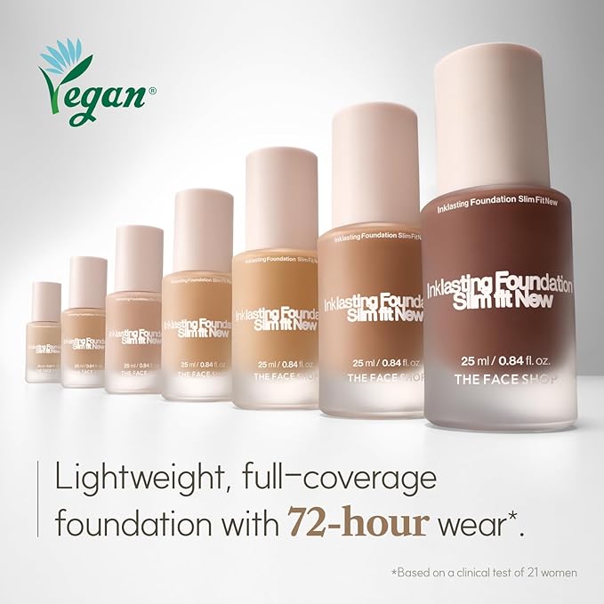 THE FACE SHOP Ink Lasting Liquid Foundation, Full Coverage, 72‑Hour Wear Semi‑Matte Finish, Makeup with Bakuchiol, W110 Vanilla, 0.84 Fl. Oz.