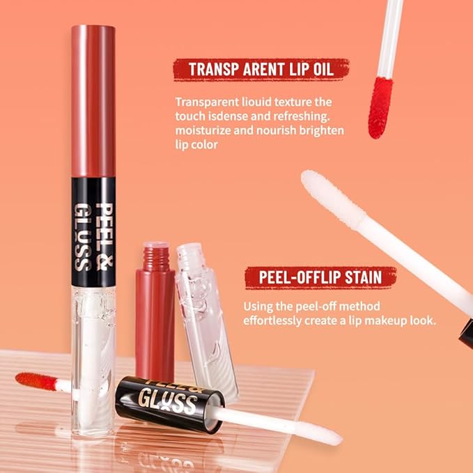 2Pcs Peel Off Lip Gloss Tattoo and Lip Oil 2-in-1, Lip Stain Peel Off Masque - Peel Off Lip Tint ,Long Lasting Waterproof Transfer-proof Lip Mask Lip Gloss Peel Off Lip Liner,Stay Lip Makeup 02#+03#