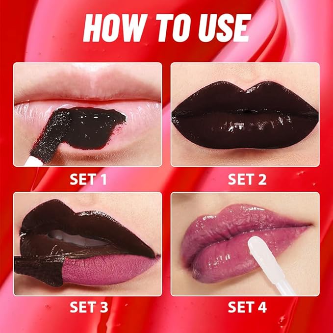 Berry Purple Peel off Lip Stain Lip Oil Dual Ended Combo Set with Tweezer, 2 in 1 Lips Liner Stain Oil Long Lasting Waterproof, High Pigmented Flawless Lips Tint Stick Not Faded Vegan & Cruelty-free
