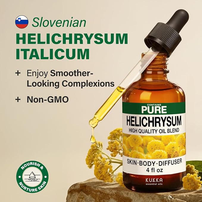 KUKKA Helichrysum Essential Oils - 4 Fl Oz - for Hair, Skin, Diffuser, Aromatherapy & DIY Soap Making Scent