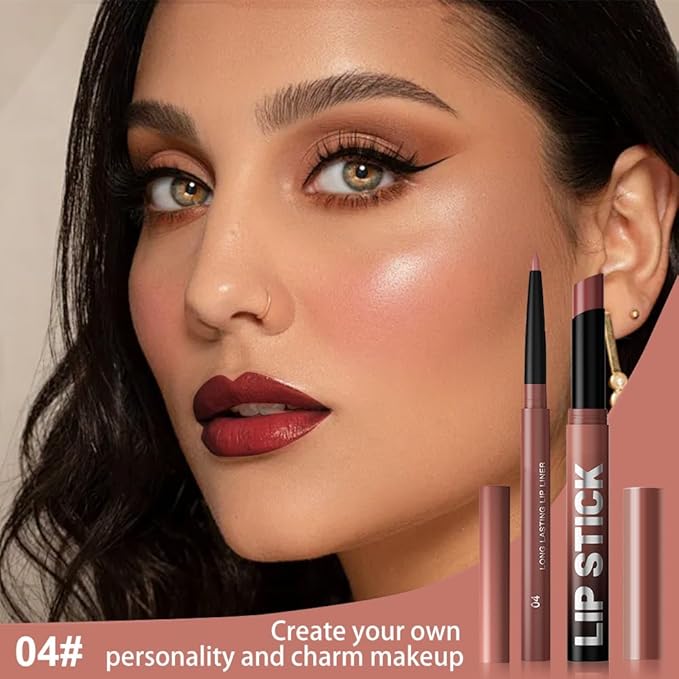2Pcs 2 in 1 Matte Red Brown Lip Liner and Lipstick Combo Set for Women,Lipstick Stain Lip Liner for Daily & Party Long Lasting Waterproof Smudge Proof 24 Hour Full Coverage Vegan Lip Makeup Kit