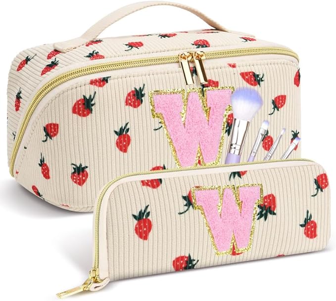 Personalized Travel Makeup Bag Set,Initial Travel Strawberry Makeup Organizer Bag,Toiletry Skincare Cosmetic Bag,Christmas Gifts for Women/Girls,Open Flat Toiletry Pouch with Brush Pocket-W