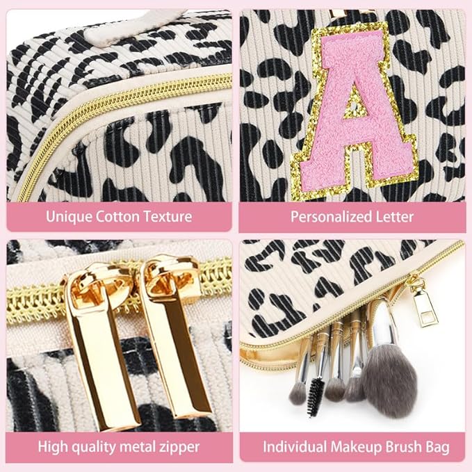 Personalized Travel Makeup Bag Set,Initial Travel Cute Leopard Makeup Organizer Bag,Toiletry Skincare Cosmetic Bag,Christmas Gifts for Women/Girls,Open Flat Toiletry Pouch with Brush Pocket-S