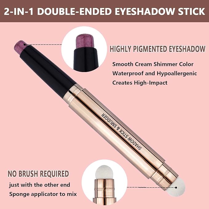 2 in 1 Eyeshadow Pen and Sponge Makeup Brush, Glitter Primer Palette Smooth Cream Shimmer Eye Shadow Pencil Long Lasting Waterproof, Hypoallergenic Highlighter Multi-Dimensional eyes Look