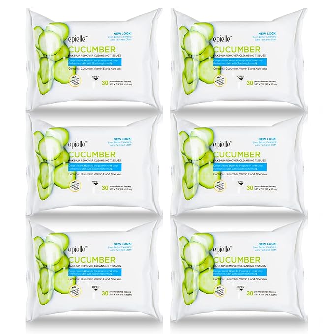 Epielle Cucumber Makeup Remover Wipes, Gentle Daily Facial Cleanser Towelettes, Remove Dirt, Oil & Waterproof Mascara, Stocking Stuffers, Thanksgiving Essentials, 30 Count (Pack of 6)