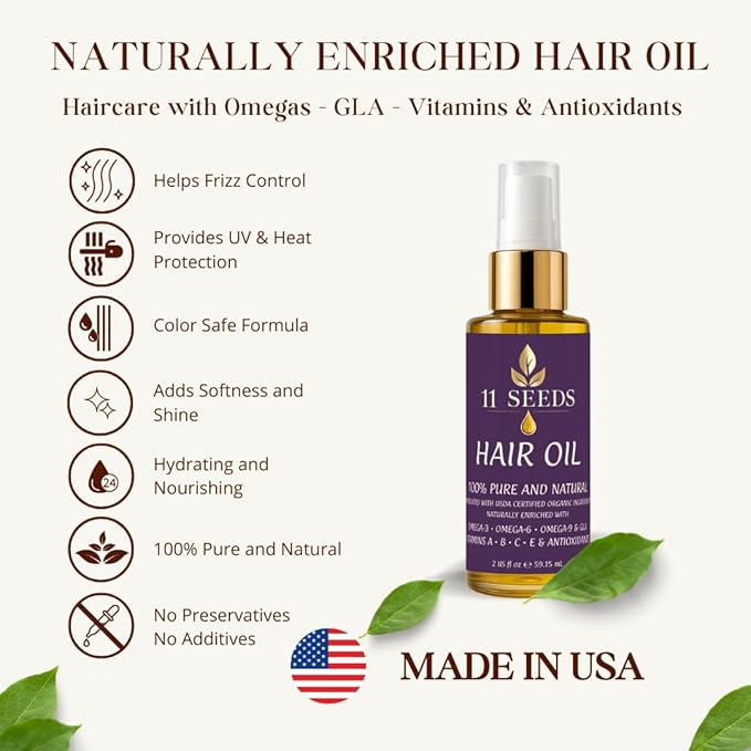 Hair Oil Naturally Enriched with Omega-3-6-9, GLA, Vitamins A, B, C, E, Lightweight Blend Supports Revitalize, Shine, Frizz Control, Color Safe, Helps Reduce Split Ends, UV & Heat - Silicone Free