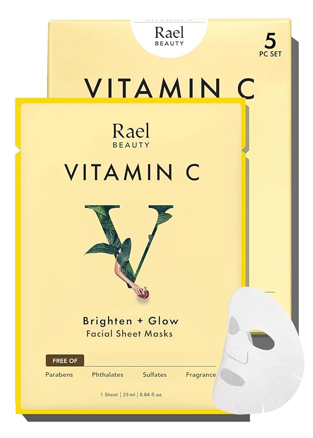 Rael Face Mask Skin Care, Vitamin C Face Masks - Bamboo Facial Sheet Mask, Korean Skincare, with Brightening Vitamin C Serum and Fruit Extracts, All Skin Types (Vitamin C, 5 Sheets)