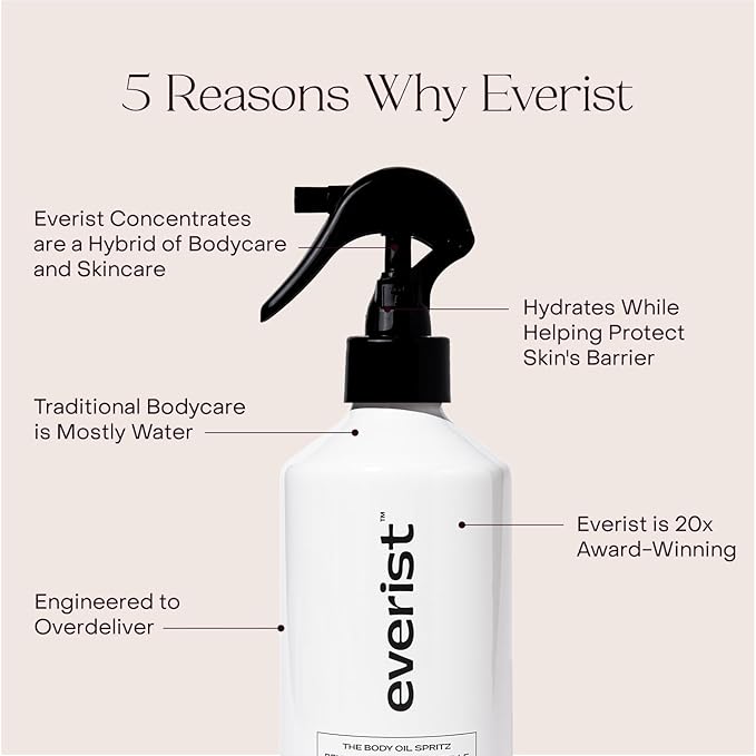 Everist Body Oil Spritz – Waterless Vitamin-Infused Dry Body Oil with Vitamin C & E, Lightweight Fast-Absorbing Spray for Glowing Skin – Shower-Safe Aluminum Bottle, 6.1 fl oz