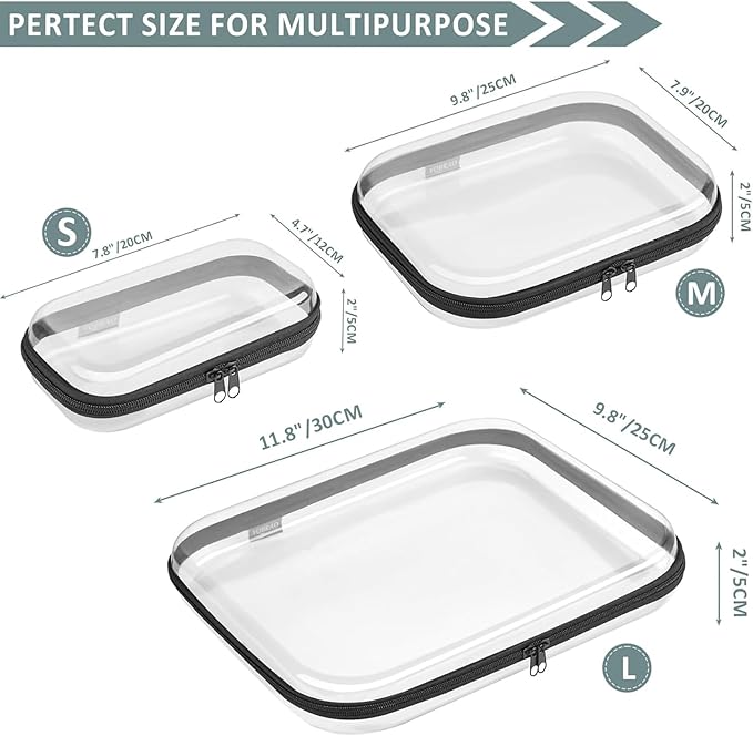 Hard Sided Clear Zipper Case for Storage- Professional-Grade Plastic Clear Zipper Pencil Case,Toy Storage Bins, Toiletry Pouch, Travel Organizer, Cosmetic Bag（Black,3 Pack, LMS）