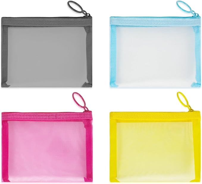 Mini Mesh Pouches(4 Pack), Small Mesh Bags with Zipper Nylon Makeup Pouches Bag Cosmetic Pouch Travel Purse Organizer Insert Diaper Inside Bag Organizers Home Organizing Size See Through Cute Colors