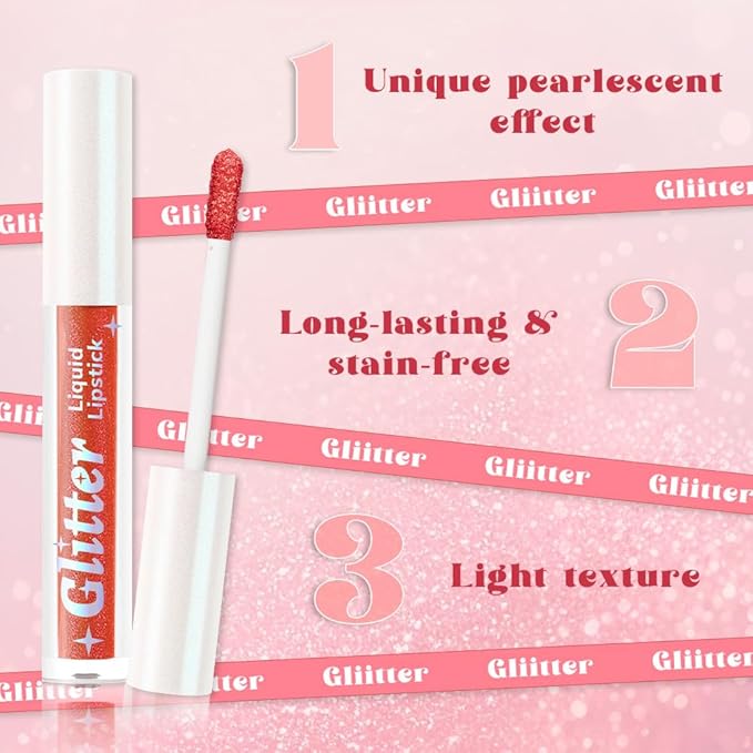 AMY'S DIARY Metallic Red Sparkle Liquid Lipstick, Shimmer Lip Gloss, Long-Lasting Waterproof Lip Color, High Shine Sparkle Makeup,Lip makeup for woman (Metallic Red Spark 6#)