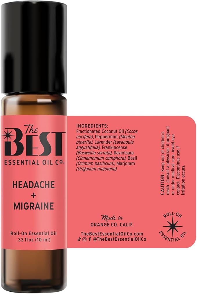 The Best Headache + Migraine Essential Oil Roll-On Blend- Premium Grade- Pre-Diluted in Coconut Oil- Ready to Use- 10 ml (.33 fl oz)