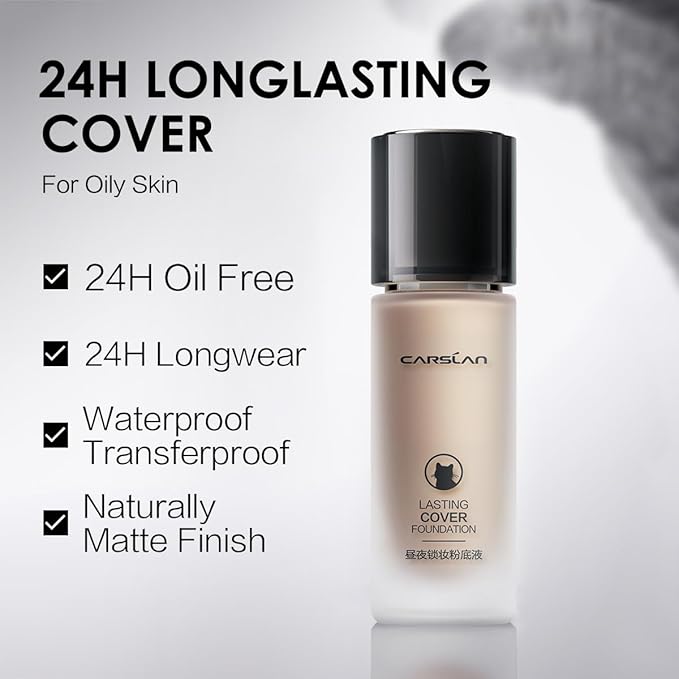 CARSLAN Lasting Cover Foundation, 24H Longlasting Full Coverage Matte Finish Face Makeup, Poreless, Lightweight, Waterproof, Oil Free Liquid Foundation, M01