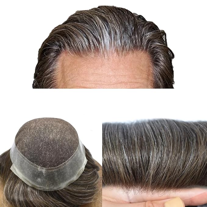 Toupee for Men French Lace Center Human Hair Replacement Systems Transparent Lace Center Hair Piece Mens Toupee Hair Units for Man V-Looped Front 8"X10" #340 3# DARK BROWN WITH 40% SYNTHETIC GREY