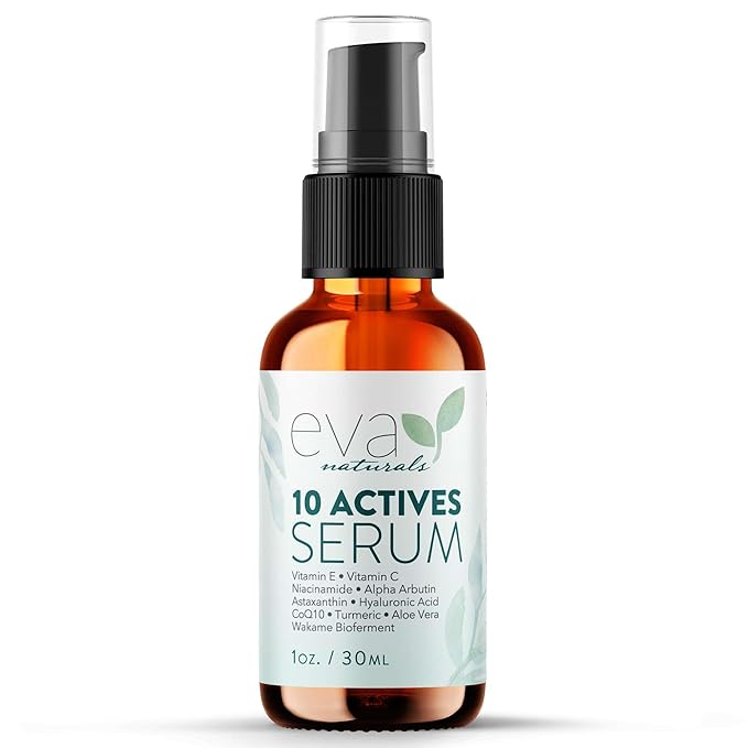 Eva Naturals 10 Actives Serum – Vitamin C, Niacinamide, Hyaluronic Acid, Turmeric, CoQ10 – Natural Anti Aging Face Serum for Dark Spots, Wrinkles, Acne, Skin Care & Facial Spot Remover