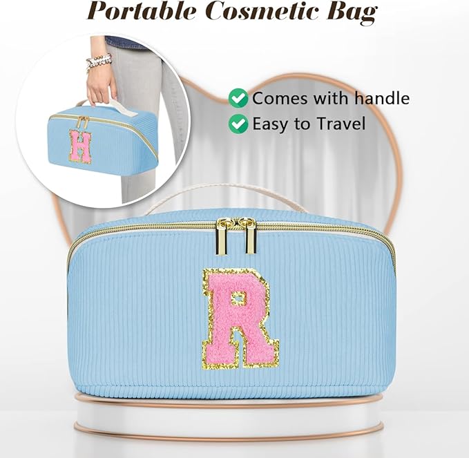 Personalized Initial Makeup Bag,Christmas Gifts for Girl,Preppy Bag Cosmetic Travel Bag Women,Travel Toiletry Organizer,Large Capacity Corduroy Stuff Bag,Cute Cosmetic Pouch Skincare Bag-Q