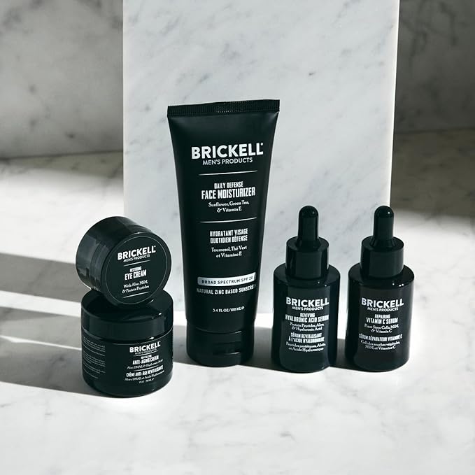 Brickell Men's Complete Defense Anti Aging Routine, Night Face Cream, Vitamin C Day and Night Serum, Facial Moisturizer w/SPF and Eye Cream, Natural and Organic, Unscented