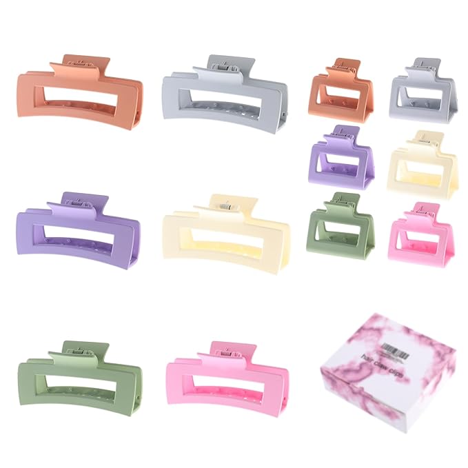 12 Pack Square Colorful Hair Clips, Big and Small Neutral Rectangle Claw Clips, Non-slip Matte Hair Clips for Women,Strong Hold jaw clip for Thick Thin Hair Silver Brown White Pink