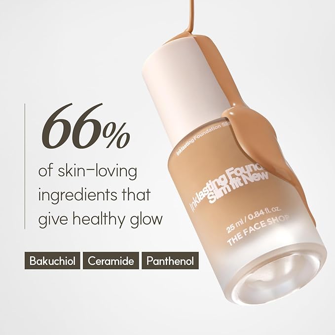 THE FACE SHOP Ink Lasting Liquid Foundation, Full Coverage, 72‑Hour Wear Semi‑Matte Finish, Makeup with Bakuchiol, C210 Cool Sand, 0.84 Fl. Oz.